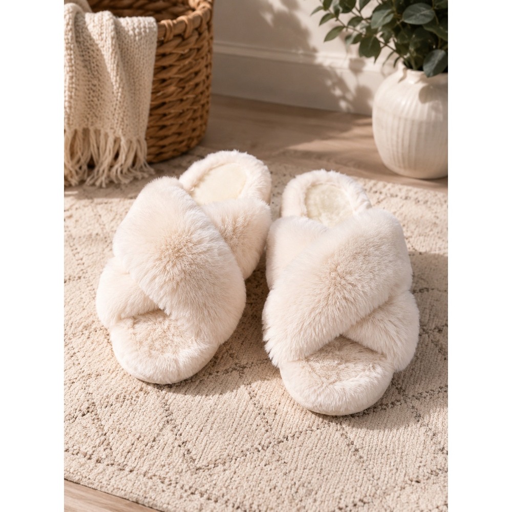 Stars Above Cream Faux Fur Crossband Slide Slippers Womens Medium 7/8 F00309337